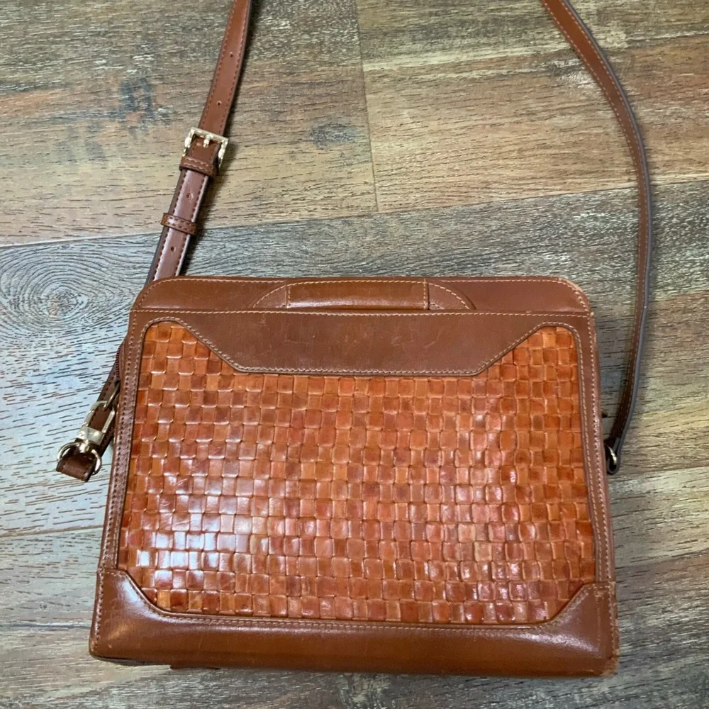 Vintage Franklin Quest 7 Ring Woven Leather Crossbody Planner 11” X 9”
